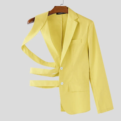 Men Irregular Blazer Lapel One-shoulder Long Sleeve Button Hollow Out Casual Suit Men Streetwear 2025 Fashion Thin Coats