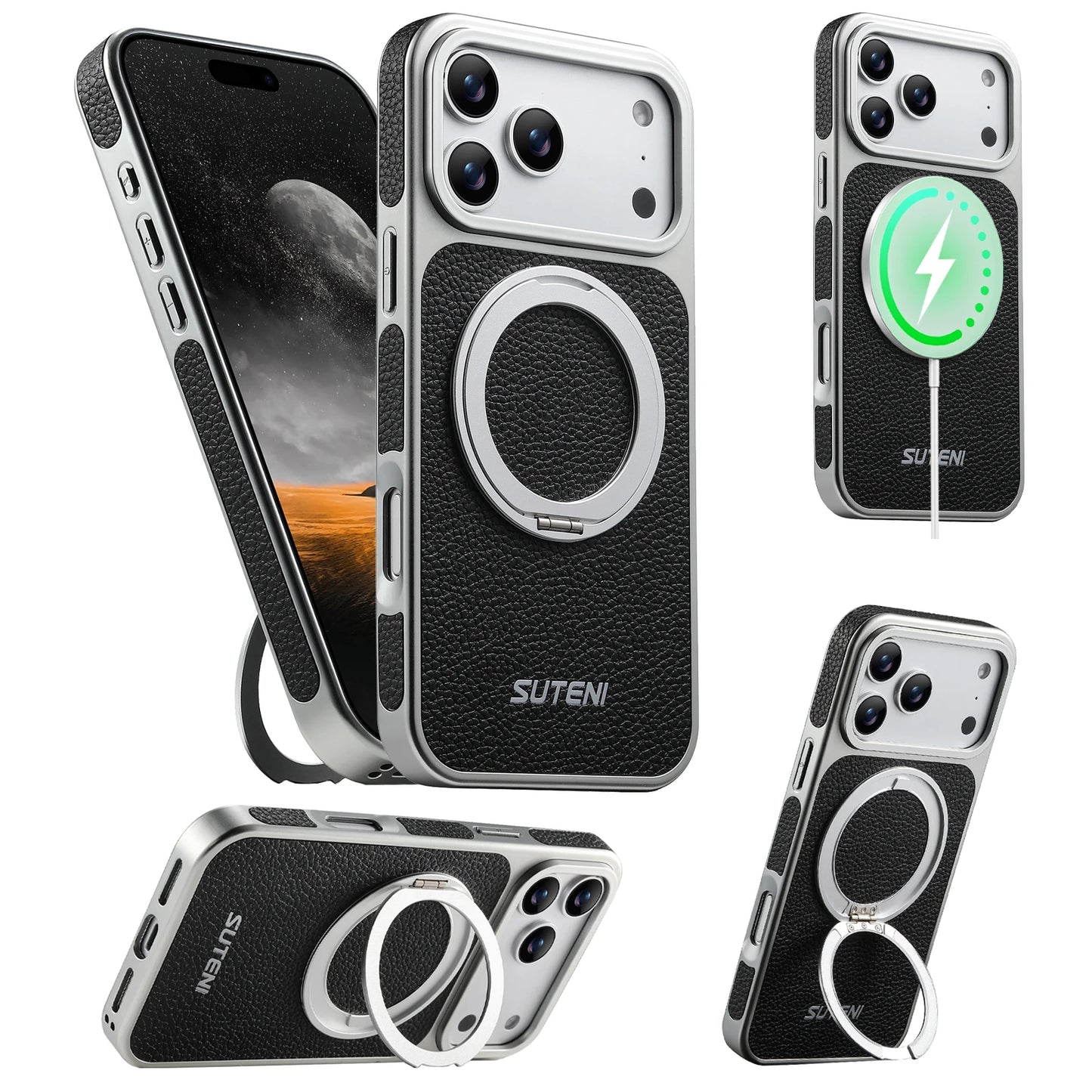 Faux Leather Magnet Wireless Charging Phone Case 360° Rotating Stand Ring Buckle Frosted Feel For iPhone 17 Pro Max 16 15
