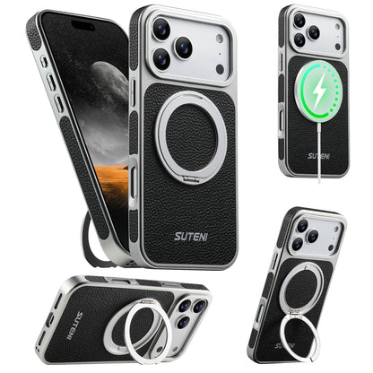Faux Leather Magnet Wireless Charging Phone Case 360° Rotating Stand Ring Buckle Frosted Feel For iPhone 17 Pro Max 16 15