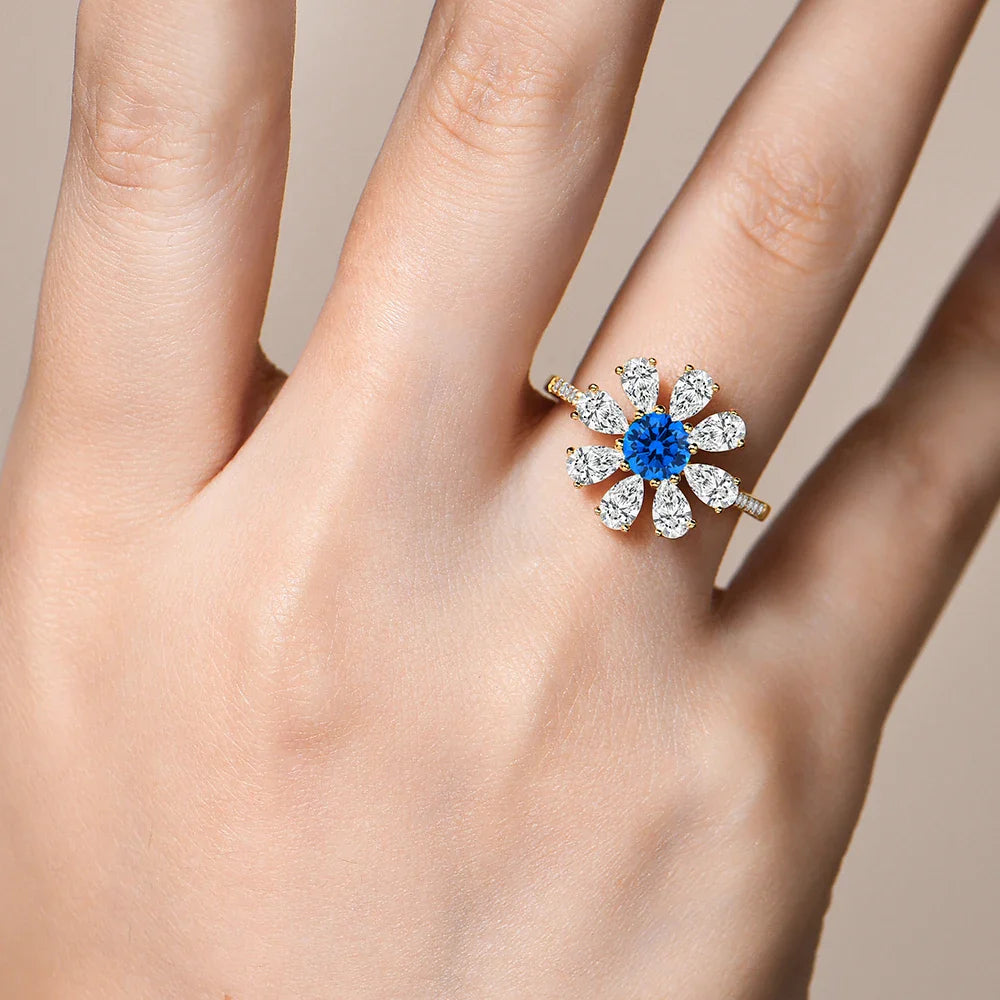 2024 D VVS1 Pear Cut Moissanite Rings Lab Blue Zircon for Women S925 Sterling Silver Flower Jewelry Birthday Party Gift