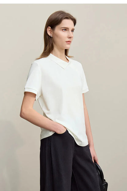 Women's Polo Shirt 2026 Summer Asymmetric Placket Short Sleeve Tee Lapel Collar Casual Layering T-Shirt For Women 12622015