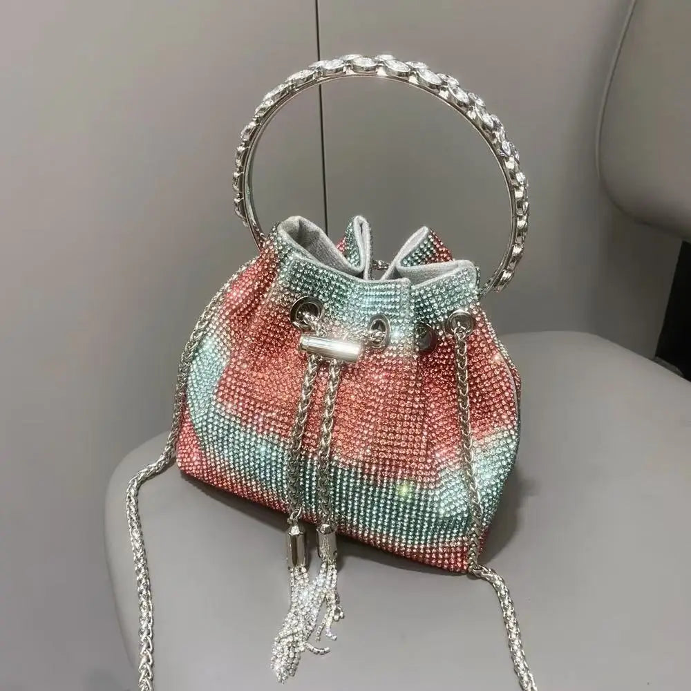 Rhinestones Diamond Evening Clutch Bag Luxury Designer Metal Ring Women's Handbag Wedding Party Bling Bucket Purse Shoulder Bag