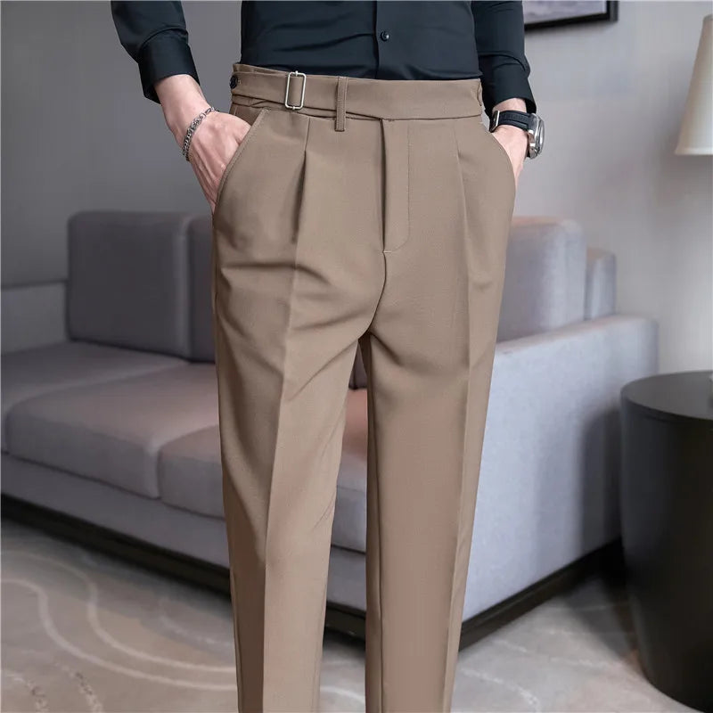 2026 Texture Naples Men's Solid Color Casual Pants Fashion Belt Design Slim Fit Suit Pants Formal Wear Wedding Social Trousers