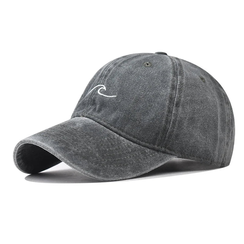 Washed Cotton Wave Embroidered Baseball Cap Unisex Adjustable Dad Hat Casual Retro Style Cap for Men Women Daily Street Wear