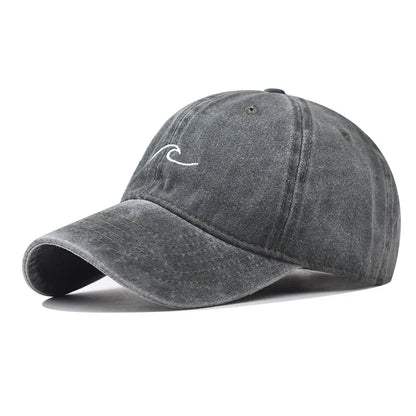 Washed Cotton Wave Embroidered Baseball Cap Unisex Adjustable Dad Hat Casual Retro Style Cap for Men Women Daily Street Wear