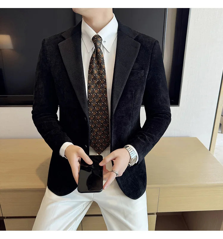 Autumn Winter Fashion Seaweed Pattern Suit Jacket High Quality Luxury Slim Fit Casual Men's Blazers Coats Social Prom Tuxedo