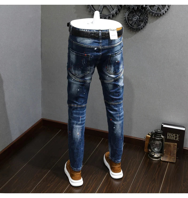 Fashion Designer Men Jeans Retro Blue Stretch Slim Fit Painted Ripped Jeans Men Korean Style Vintage Casual Denim Pants Hombre