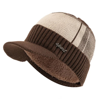 Hot Sale Unisex Warm Winter Hat With Brim Plush Fur Lined Knit Cap Sports Label Thicken Winter Hats For Men