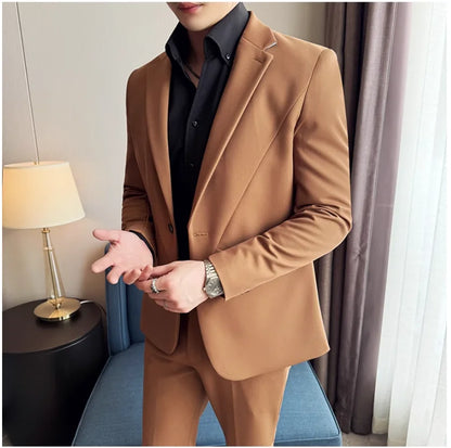 (Jacket+Pant) New Men Pure Color Business Social Wedding Party Suit Fashion Male Banquet Party Slim Fit Dress Blazer and Trouser