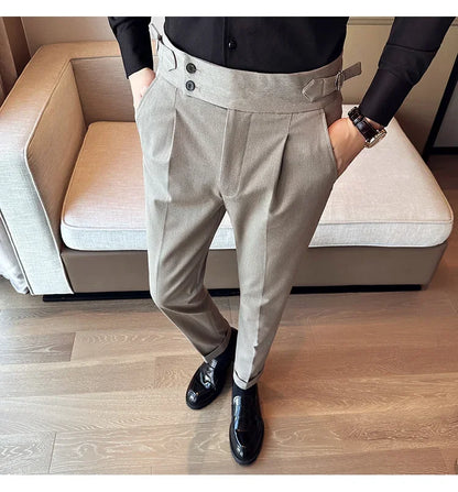 Autumn Winter High Waist Business Dress Pants Men Casual Belt Design Slim Suit Pants Formal Wedding Social Party Male Trousers