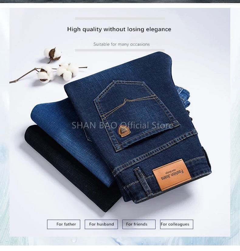 2024 autumn spring fitted straight stretch denim jeans classic style badge youth men's business casual jeans trousers