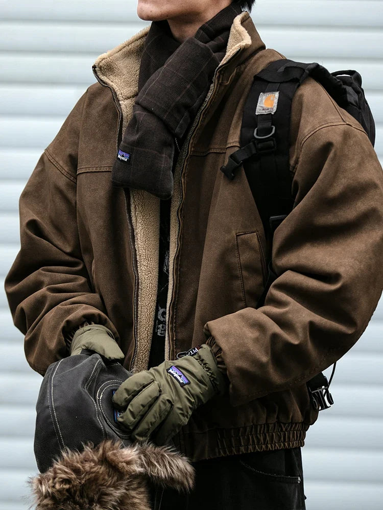 Winter Heavyweight Mens Jacket Japanese Vintage PU Coated Windproof Thick Fleece Lined Warm Distressed Streetwear Long Coat Male