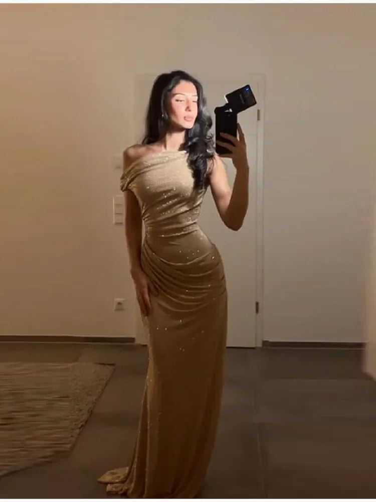 Women's Luxury Nude Sequin Mermaid Prom Dress Off-shoulder Ruched Sparkly Crystals Formal Party Gown Floor-length Evening Dress