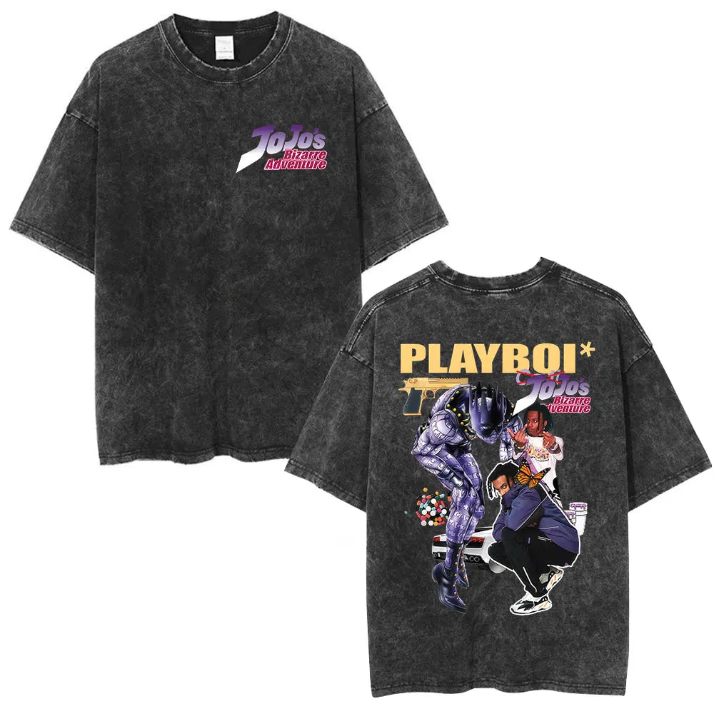 Anime Jojo Bizarre Adventure STEEL BALL RUN Manga Vintage Acid Washed T Shirt Men Women Casual Short Sleeves T-shirt Streetwear
