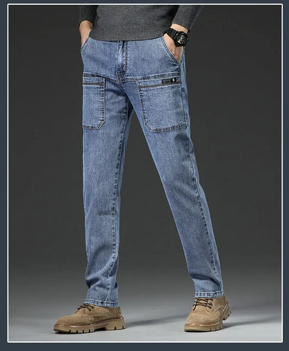 6 Pocket Design Denim Jeans Men's 2025 New High Elasticity Denim Casual Trousers Straight Male Pants Fashion Mid-waist Jeans