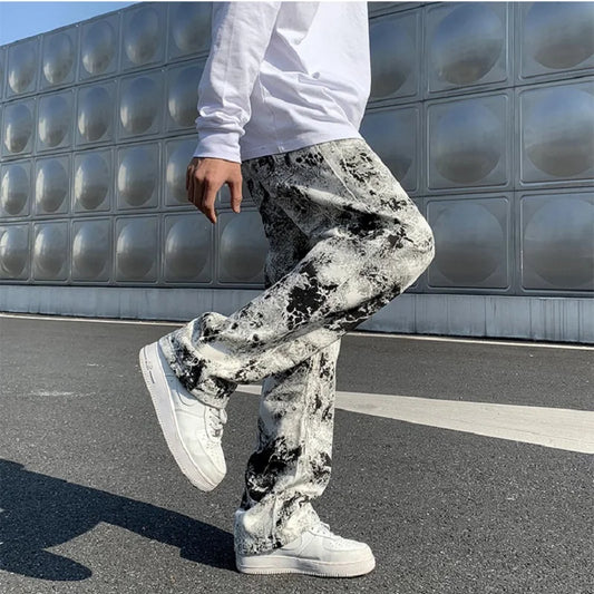 Printed Jeans Unisex Elastic Waist Spring 2025 Mopping Trousers Jeans Mens Fashion Korean Style High Street Loose Hip Hop Pants