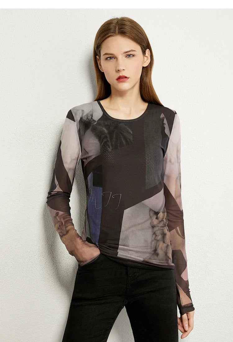 Minimalism Long sleeve T-shirts for Women 2025 Autumn New Bottoming Shirt Mesh Printing Inside Slim Trendy Tops 12421003