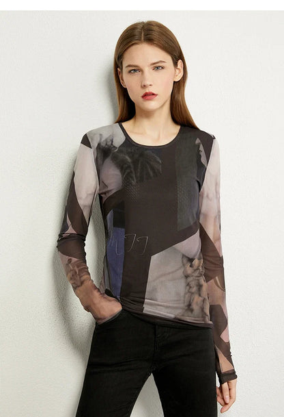 Minimalism Long sleeve T-shirts for Women 2025 Autumn New Bottoming Shirt Mesh Printing Inside Slim Trendy Tops 12421003