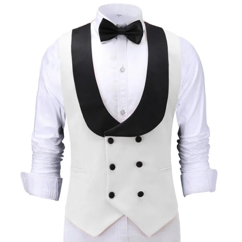 Men Vest Beige With Black Lapel Double Button Waistcoat For Banquet Birthday Wedding Business Work Formal Set Men Suit Vest