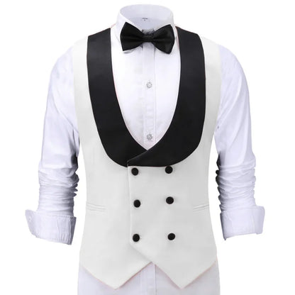 Men Vest Beige With Black Lapel Double Button Waistcoat For Banquet Birthday Wedding Business Work Formal Set Men Suit Vest