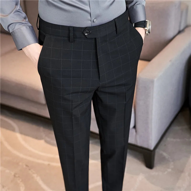 2026 High Quality Men's Plaid Striped Suit Pants Fashion Business Slim Fit Casual Straight Pants Formal Wedding Party Trousers