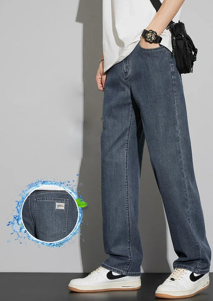 2025 New Lyocell Summer Thin Business Male Pants Jeans Men's High Waist Loose Comfortable Straight Elastic Denim Trousers
