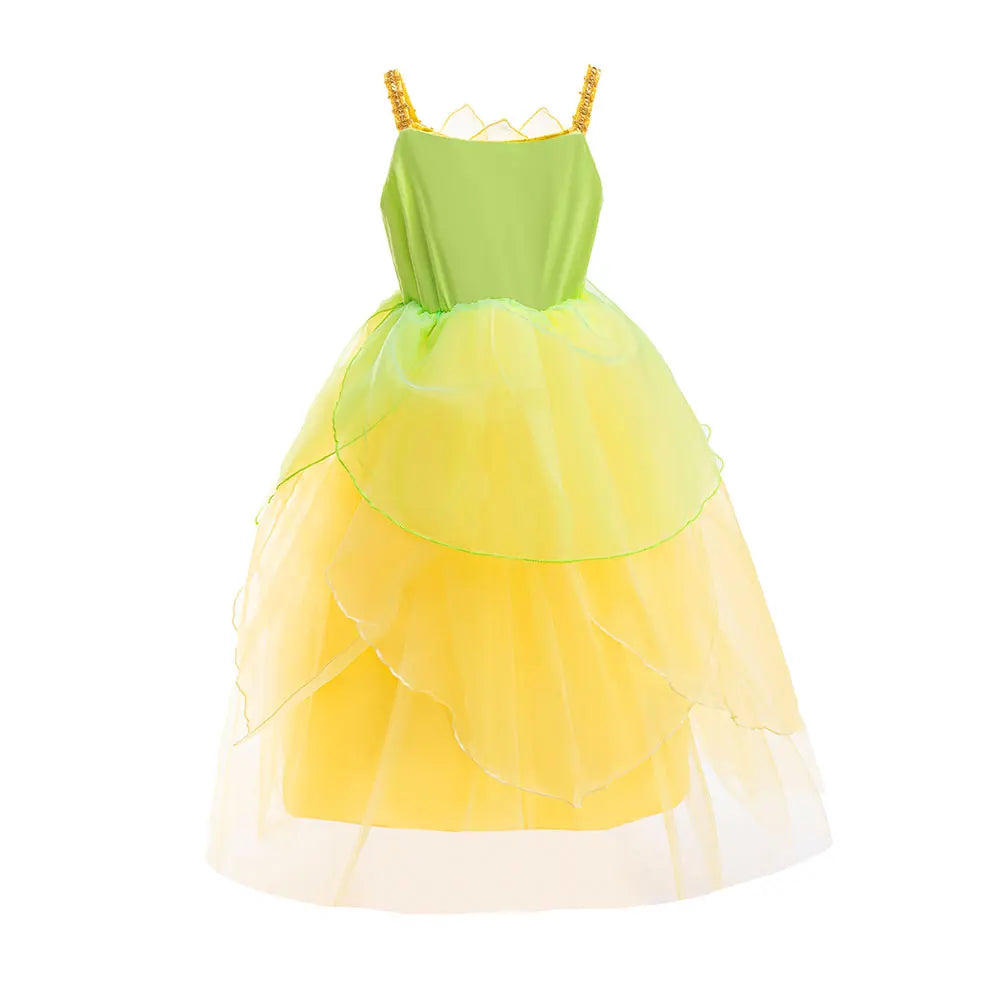 2026 Fairy Tale Fancy Princess and Frog Costume Play Tiana Ball Gown with Gloves Deluxe Suspender Dress 2 4 5 7 8Y Girl Carnival