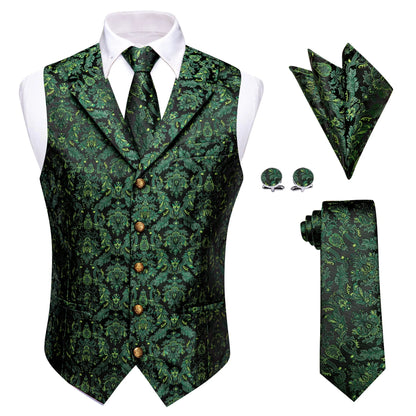 Mens Vest Green Floral Tops Tie Hanky Cufflinks Set Waistcoat Sleeveless Jacket Necktie for Male Wedding Busniess