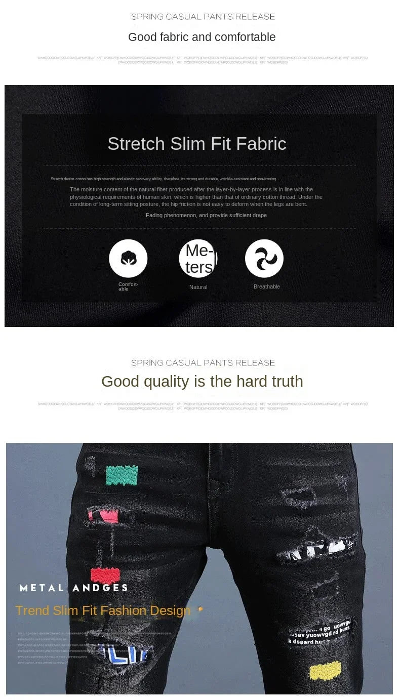 Harajuku Fashion Men's High-end Embroidered Jeans Korean Style Prints Patches Slim Fit Casual Spring Autumn Cowboy Trousers
