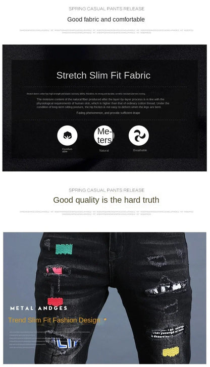 Harajuku Fashion Men's High-end Embroidered Jeans Korean Style Prints Patches Slim Fit Casual Spring Autumn Cowboy Trousers
