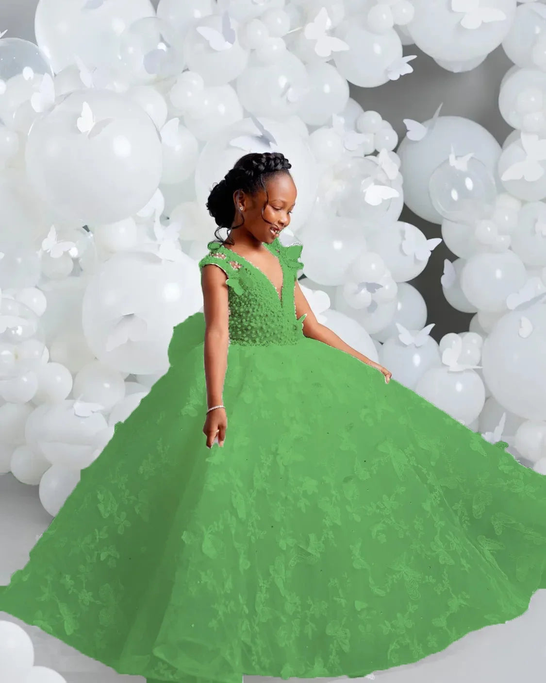 White Flower Girl Dresses for Wedding Butterfly Appliques Pearl Floor Length Girl Kids Birthday Party First Holy Communion Gown
