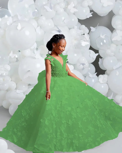 White Flower Girl Dresses for Wedding Butterfly Appliques Pearl Floor Length Girl Kids Birthday Party First Holy Communion Gown
