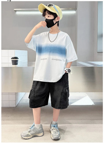 Luxury Children's Summer Clothing Top and Bottom Set For Boys 2PCS Cotton Outerwear Suit Kids School Clothes Tracksuit Age 5-14Y