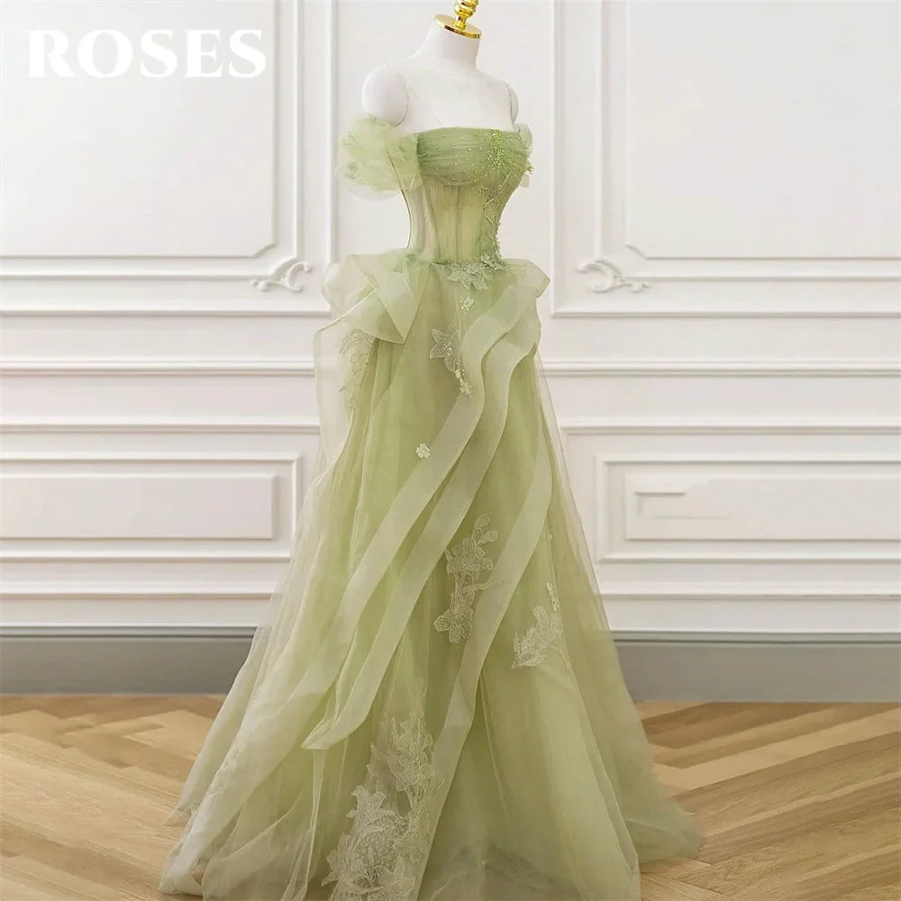 Sage Green Prom Dress Appliques Tulle Celebrity Dresses Tiered Pleat Women's Evening Dress Sweetheart Formal Gown 프롬 드