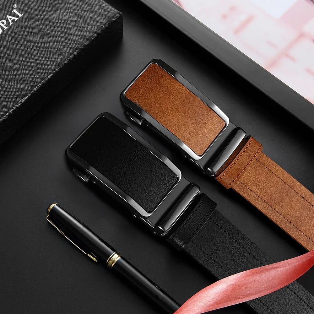 Men's Leather Belt Men's High-quality Business Belt Automatic Buckle Fashionable Ratchet Belt Can Be Adjusted Freely 2PCS