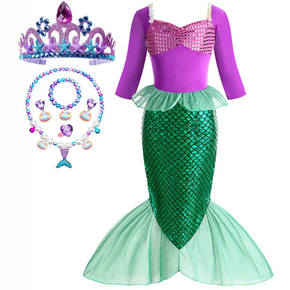 Christmas Holiday Birthday Party Mermaid Princess Same Style Girl Ariel Cosplay Long Sleeve Mermaid Dress Accessory Suit