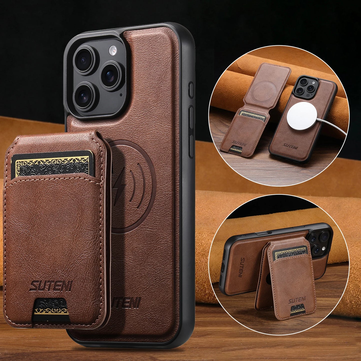 Wireless Charging Magnet PU Leather Phone Case Card Holder Stand For iPhone 17 Pro Max 16 Plus 15 Pro 13 12