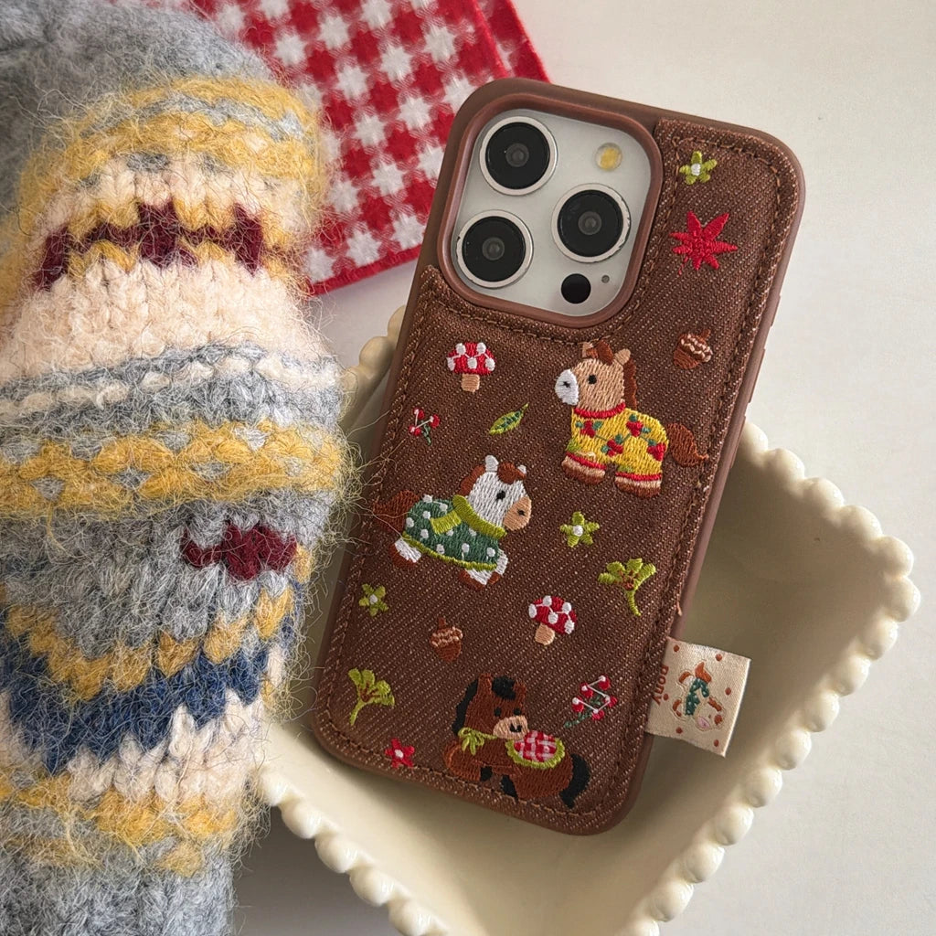 Cute Brown Embroidered Pony Mushroom With Lanyard Shockproof Protective Phone Cover Case for iPhone 17 16 15 14 Pro Max