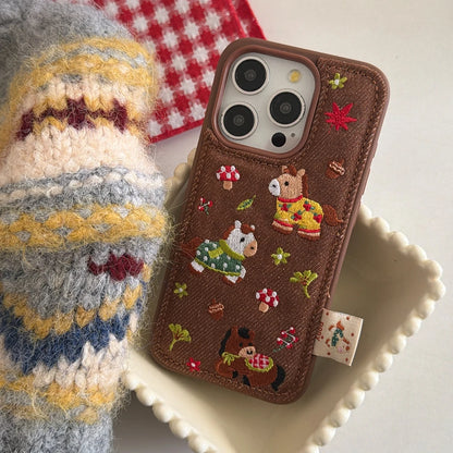 Cute Brown Embroidered Pony Mushroom With Lanyard Shockproof Protective Phone Cover Case for iPhone 17 16 15 14 Pro Max