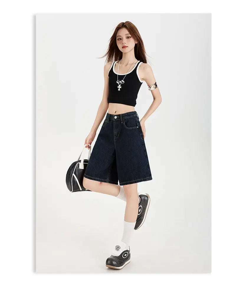 Women's High Waist Wide Leg  Y2K American Retro Washed Five-Point Denim Shorts Summer Loose Slim Straight Cut Mid-Length Pants