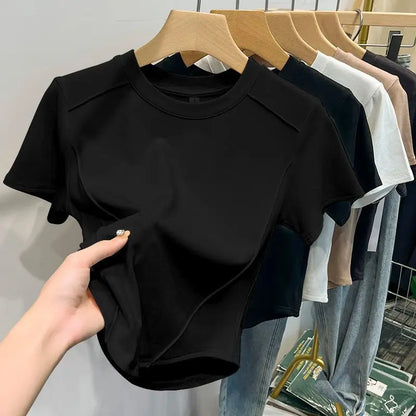 2026 Summer White T-shirt Cotton Female Short-sleeved Student Versatile Slim T-shirt Harajuku Crop Top Trend