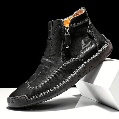 Men's Hand-Sewn High-Top Boots, Fashionable Side-Zip Casual Shoes, All-Season Outdoor Boots, Large Size Men's Shoes, Comfortable Bare Boots