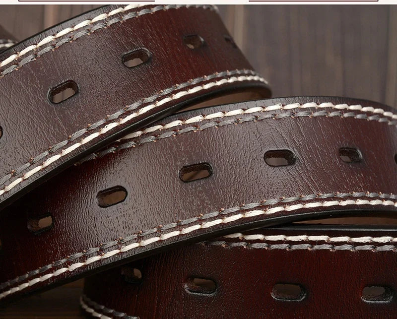 3.8CM Fashion Men Belts Genuine Leather Luxury Designer Vintage Thread Waist Belt For Jeans Cinturon Cowboy Hombre Dropshipping
