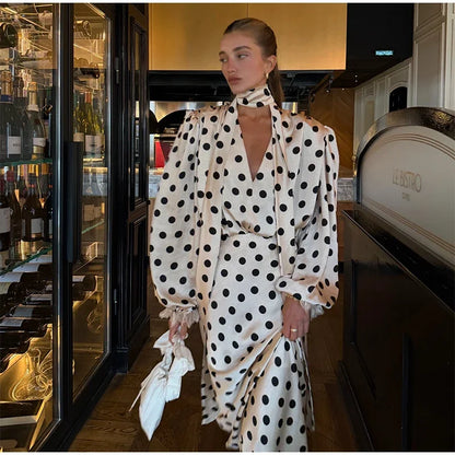 Elegant Polka Dot Satin Blouse Skirt Suit Women V-Neck Tie Neck Shirt High Waist Skirts 2026 Spring Summer Lady 2 Pieces Set New