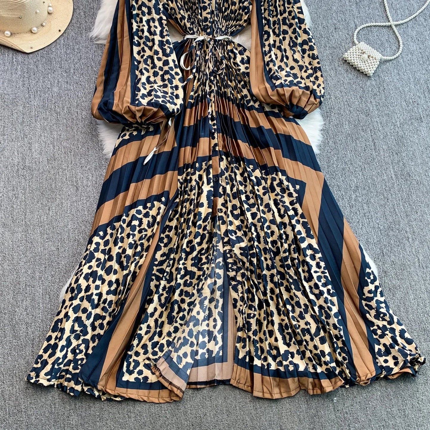 Ele Printed round Ne Lantern Sve Dr Women's Single Button Waist Cinch Maxi Skirt Long Dr Commute Sle Autumn