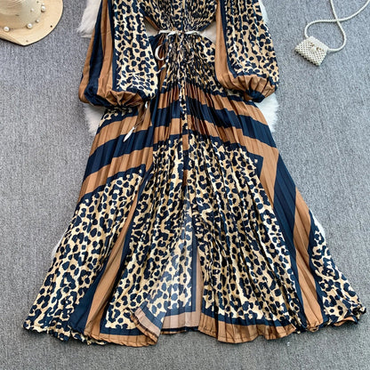 Ele Printed round Ne Lantern Sve Dr Women's Single Button Waist Cinch Maxi Skirt Long Dr Commute Sle Autumn