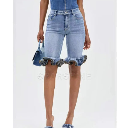Casual High Waist Denim Shorts Women Fashion Ripped Wave Ruffle Hem Slim Fit Jeans Shorts Streetwear Trendy Slimming Shorts