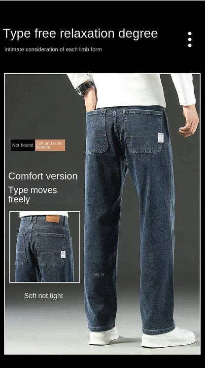 Autumn Winter  Brand New High Waist Jeans Classic Business Casual Office Men's Fashion Stretch Slim Denim Jeans Navy Blue