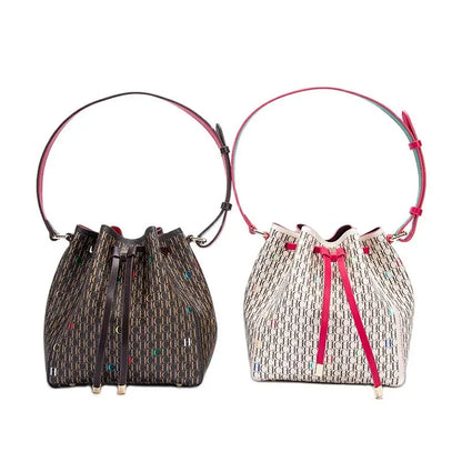 Letter Print Drawstring Opening Classic Women's Shoulder Bag Fashion Printed Bucket Bag Women's Vintage Crossbody Bag