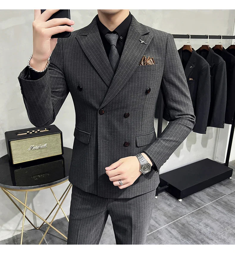 M-7XL ( Blazer + Pants ) Luxury Classic Striped Men's Official Office Casual Business Double -breasted Suit Groom Wedding Gown